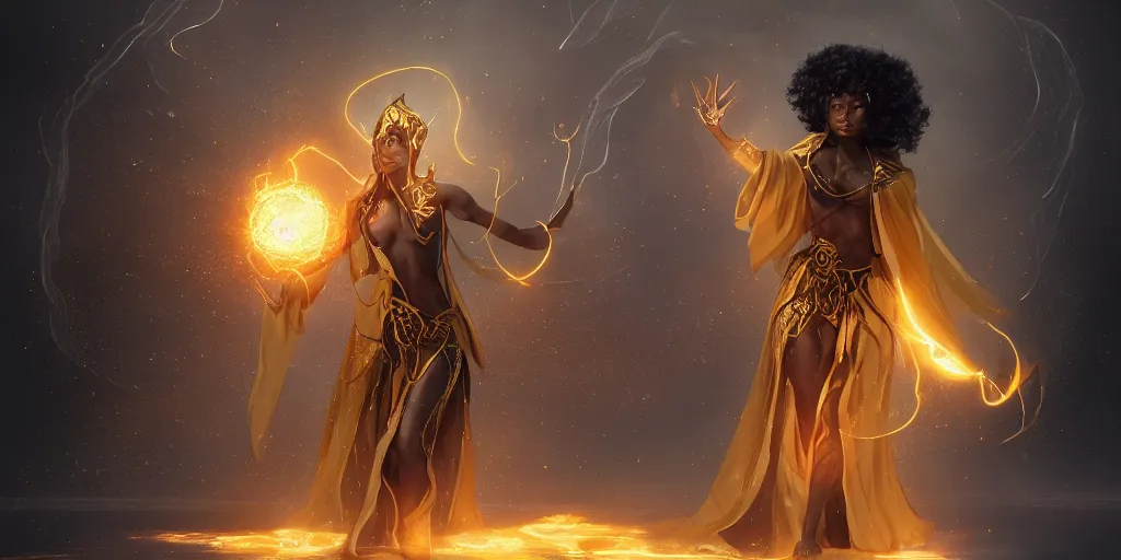 Image similar to gorgeous black woman as a spellcaster mage, singular figure, dynamic pose full body, hands casting a golden fireball spell, extremely intricate flowing robes, obsidian and golden cloak and hood, Octane render, rule of thirds, golden ratio, 8k VFX, Peter Mohrbacher