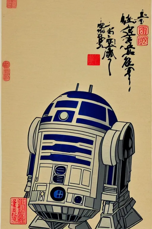 Image similar to Japanese woodblock print of r2d2