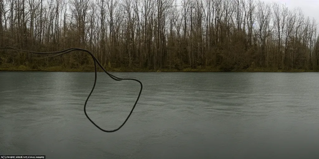 Image similar to symmetrical photograph of an infinitely long rope floating on the surface of the water, the rope is snaking from the foreground stretching out towards the center of the lake, a vortex in the middle of a dark lake on a cloudy day, trees in the background, anamorphic lens