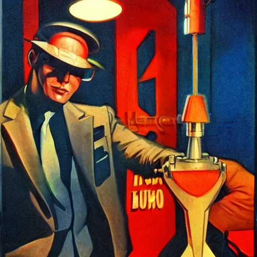 Image similar to man in futurist 6 0 ´ s lab, machines and futurist robots, red lights, leyendecker style, boris vallejo style, black suit