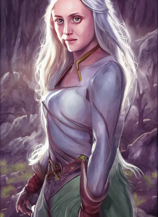 Prompt: A fantasy comic book roleplaying game style portrait painting of Maika Monroe as a grey elf in a mountain meadow sanctuary, DAZ, hyperrealistic, ambient light, dynamic light