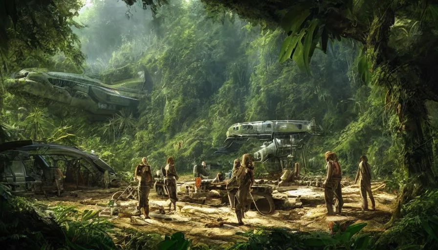 Image similar to a beautiful painting of an archaeological excavation of the battlestar galactica in a lush jungle, ray traced lighting by kalin popov and greg rutkowski