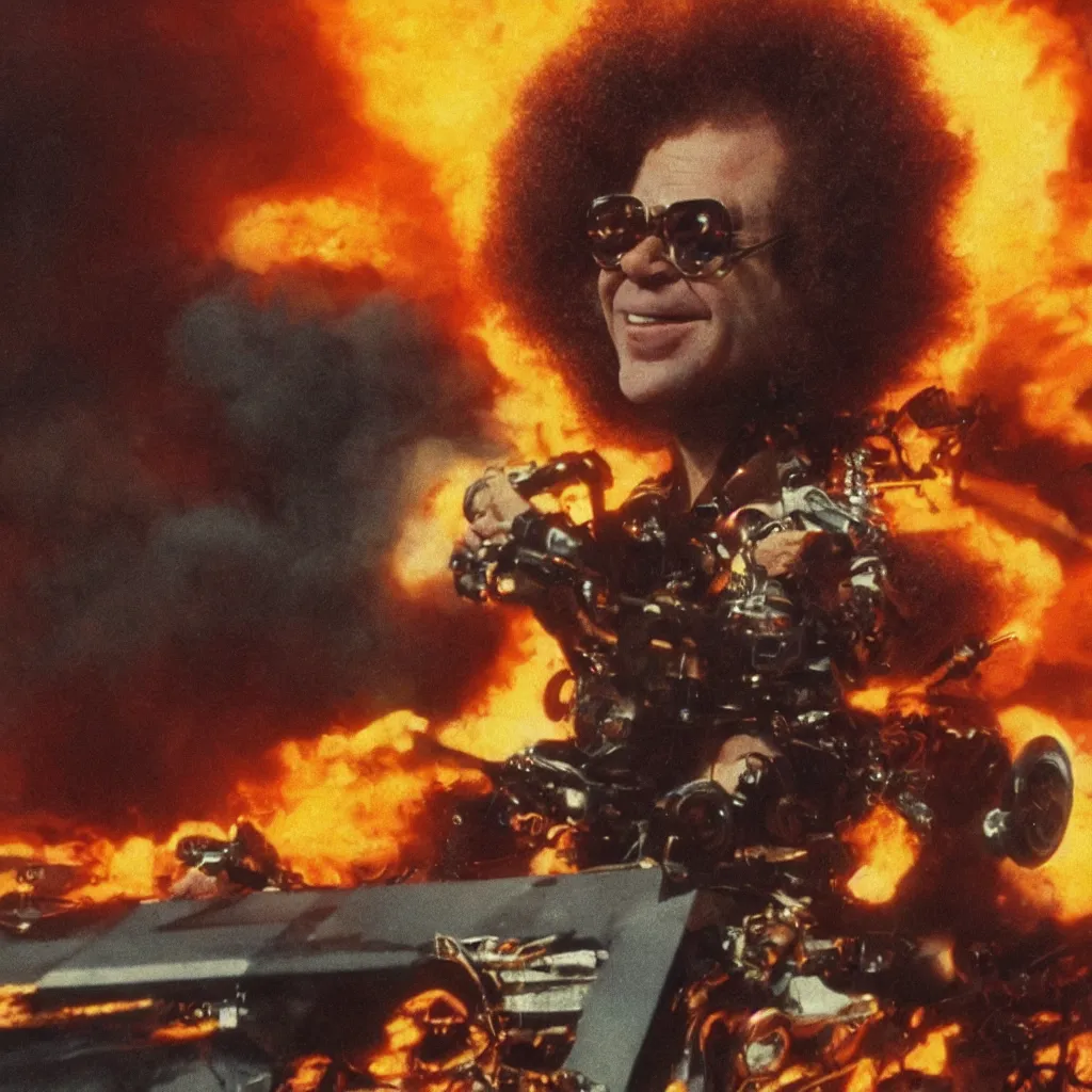 Image similar to elton john with a afro hair style riding a hellfire missile, cinematic framing, cinematic lighting, hdr, gritty, movie still, 4k, 70s psychedelic style