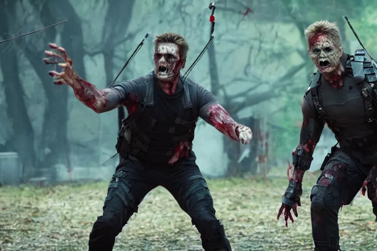 Image similar to film still of zombie Hawkeye as a zombie in new avengers movie, 4k