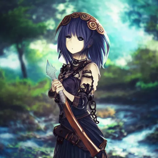 Prompt: anime girl wearing steampunk armor and holding a copper sword, portrait, finely detailed, particles, cinematic lighting, beautiful, lush, trees, river, fog, waterfall,