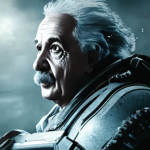 Image similar to Portrait of Albert Einstein in Gears of War, splash art, movie still, cinematic lighting, dramatic, octane render, long lens, shallow depth of field, bokeh, anamorphic lens flare, 8k, hyper detailed, 35mm film grain