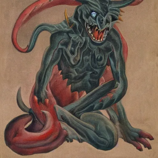 Image similar to painting of a demon representing exhaustion, the demon looks like an anthropomorphic animal