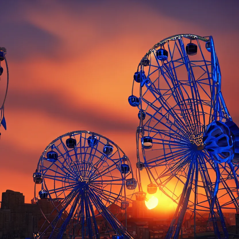 Prompt: unreal engine render, a blue guitar with a ferris wheel in the background, cinematic, sunset, fantasy, 8 k, trending on artstation
