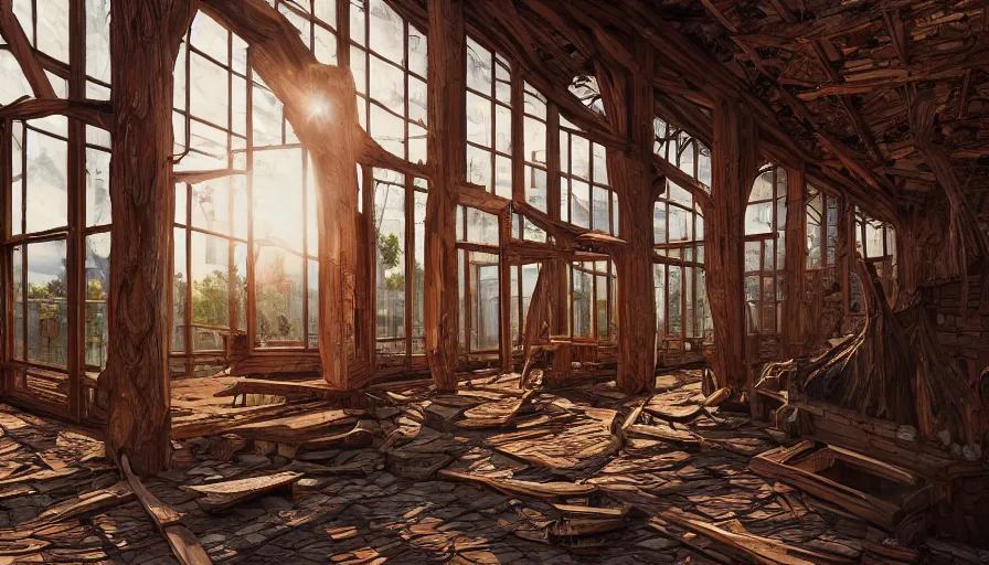 Image similar to wooden craft garden built in destroyed museum in washington dc, sunrise light through windows, hyperdetailed, artstation, cgsociety, 8 k