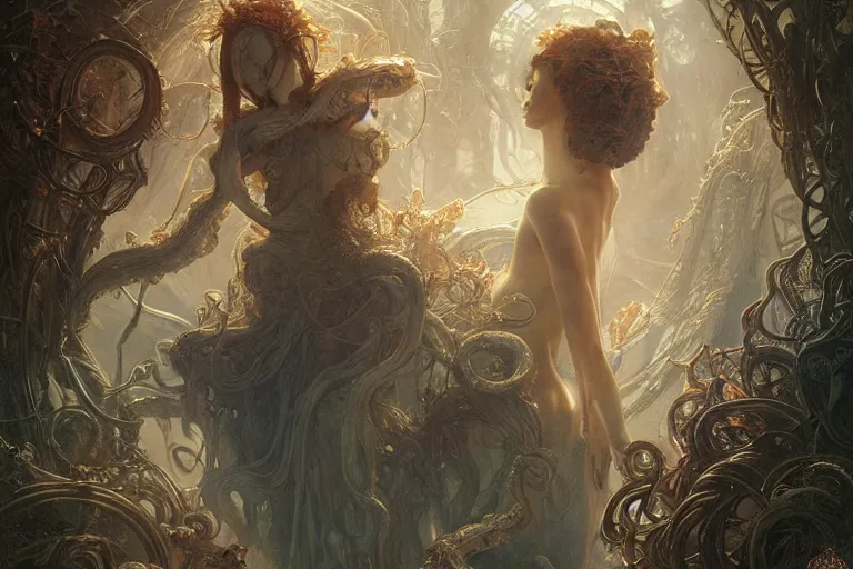 Image similar to a lovecraftian painting of a nightmare, cosmic horror elements, ultra realistic, concept art, intricate details, eerie, highly detailed, photorealistic, octane render, 8 k, unreal engine. art by artgerm and greg rutkowski and alphonse mucha