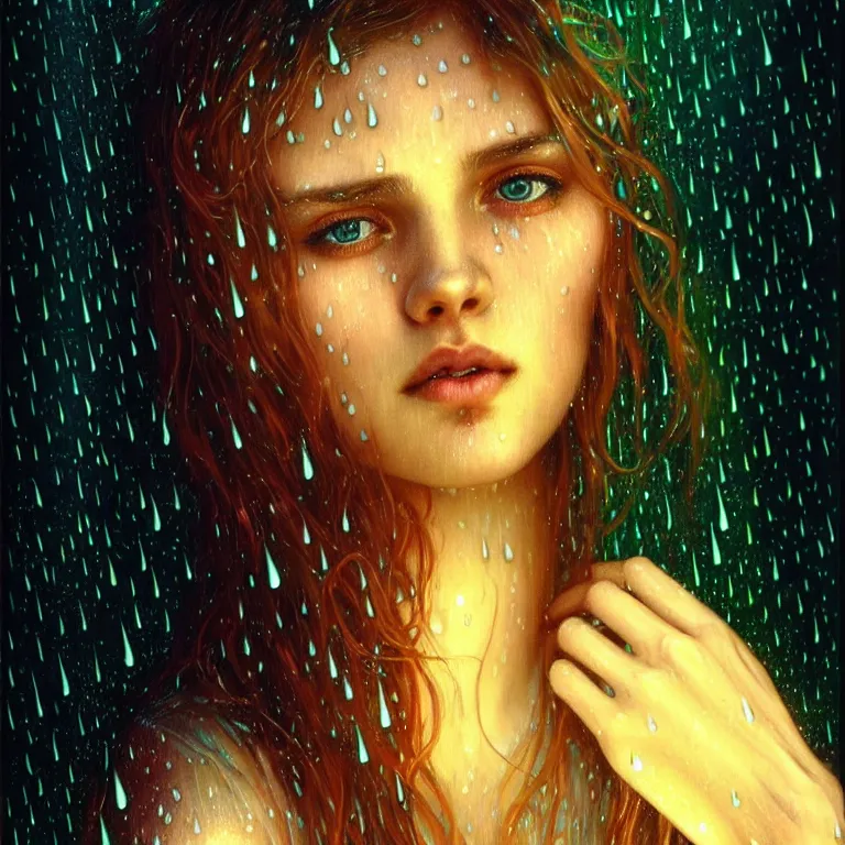 Image similar to bright asthetic portrait LSD glowing backlit rain on face and wet hair, fantasy, intricate, elegant, dramatic lighting, highly detailed, lifelike, photorealistic, digital painting, artstation, illustration, concept art, smooth, sharp focus, art by John Collier and Albert Aublet and Krenz Cushart and Artem Demura and Alphonse Mucha