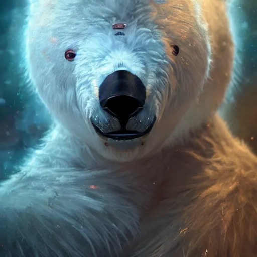 Image similar to white furry polar bear, steampunk googles, highly detailed, unreal engine 5, cinematic, 8 k, by megan duncanson, benjamin lacombe, adrian borda, stanley artgermm, tom bagshaw, craig mullins, carne griffiths, ayami kojima, beksinski, giger, trending on deviantart, hyper detailed, horror, full of colour