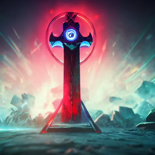 Image similar to game - icon of sword and axe crossed on a prism, red powerful fantasy epic legends, game icon stylized, digital illustration radiating, a glowing aura, global illumination, ray tracing, 8 k high definition, intricate details, octane render, unreal engine, trending on arstation