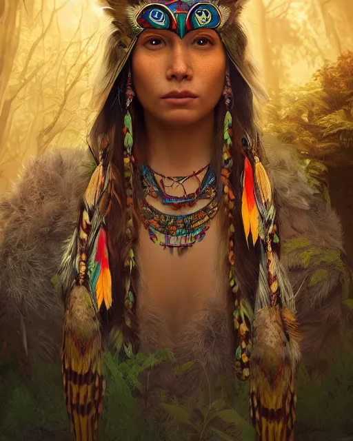 Prompt: Beautiful art portrait of a fantasy native american female owl shaman in a bright temple surrounded by lush forest, atmospheric lighting, intricate detail, cgsociety, hyperrealistic, octane render, RPG portrait, ambient light, dynamic lighting,