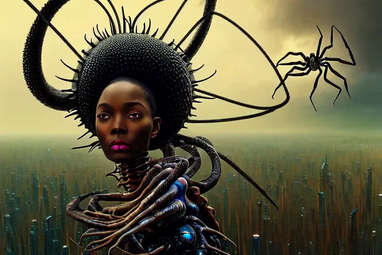 Image similar to realistic detailed closeup portrait movie shot of a beautiful black woman riding a giant spider, dystopian city landscape background by denis villeneuve, amano, yves tanguy, alphonse mucha, max ernst, ernst haeckel, edward robert hughes, roger dean, cyber necklace, rich moody colours, sci fi patterns, wide angle