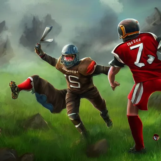 Image similar to fantasy landscape showing two football teams fighting each other on a pitch, high quality trending on artstation