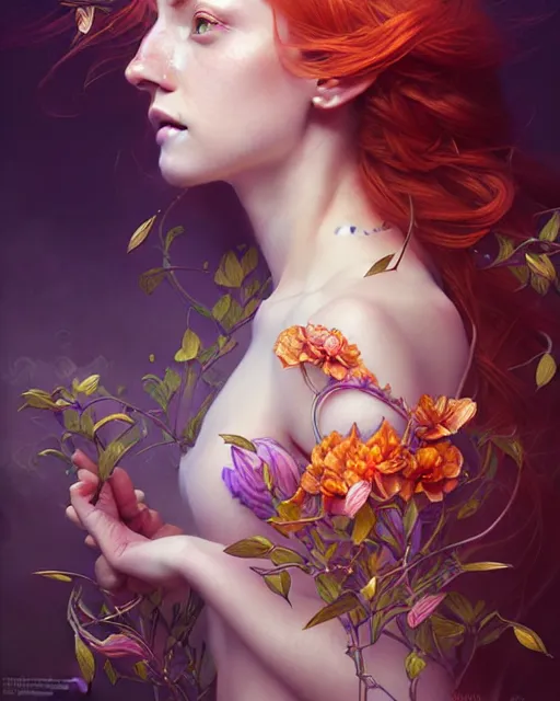 Image similar to Hyperrealistic beautiful and playful ethereal ginger portrait, art nouveau, fantasy, intricate flower designs, elegant, highly detailed, sharp focus, art by Artgerm and Greg Rutkowski and WLOP