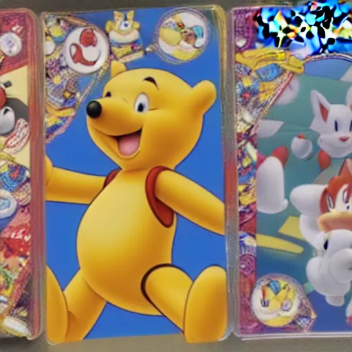 Image similar to photograph of winnie the pooh and super mario and sonic the hedgehog anime style, on pokemon card packs at target