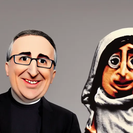 Prompt: portrait of a babushka with a John Oliver puppet