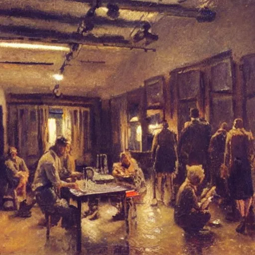 Prompt: by gerald harvey jones daring. a group of people in a dark room. the only source of light is a small window in the corner. the people are all looking at something outside of the mixed mediart.