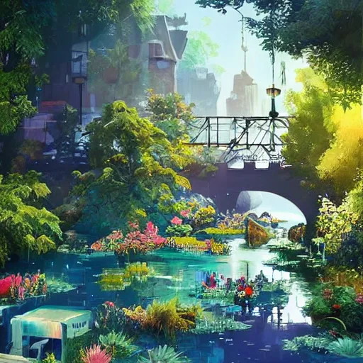 Image similar to Beautiful happy picturesque charming sci-fi town in harmony with nature. Beautiful light. Water and plants. Nice colour scheme, soft warm colour. Beautiful detailed artistic painting by Vincent. (2022)