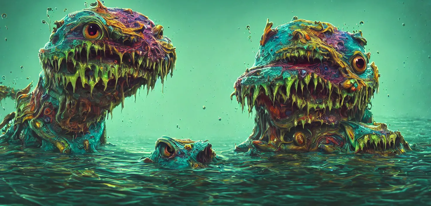 Prompt: intricate colourful murky with strange cute friendly angry crazy creatures with huge beauty eyes * * * long tongue triangle teeth and scary face appearing from the water, in the style of craola, shallow depth of field, highly detailed, digital painting, trending artstation, concept art, illustration, cinematic lighting, vibrant colors, photorealism, epic, octane render