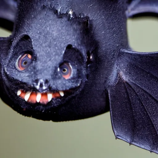 Prompt: close up of scary giant mutant navy-blue pygmy-bat 85mm f/1.4