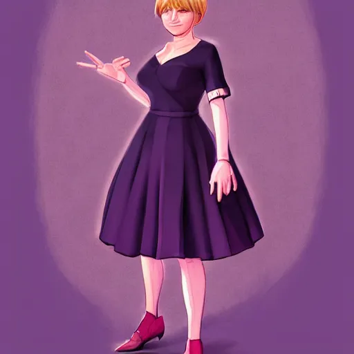 Prompt: beautiful portrait commission of a cool Angela Merkel casual clothes in a cute purple dress. background is the red carpet. 3 point lighting. character design by charlie bowater, ross tran, artgerm, and makoto shinkai, detailed, inked, western comic book art