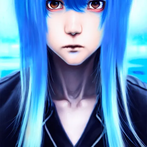 Image similar to full face shot of rimuru tempest, sky blue straight hair, long bangs, with amber eyes, wearing a black jacket, high collar, ultra detailed, concept art, award winning photography, digital painting, cinematic, wlop artstation, closeup, pixiv, evil, yoshitaka amano, andy warhol, ilya kuvshinov,