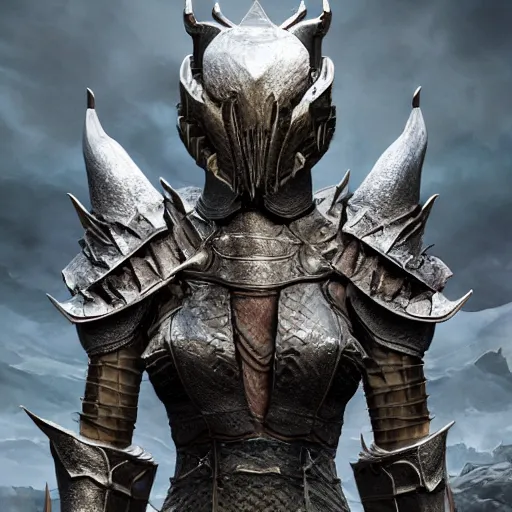 Image similar to hyperrealistic mixed media image of dragon bone armor from skyrim, stunning 3 d render inspired art by greg rutkowski and xiang duan and thomas eakes, perfect facial symmetry, flesh texture, realistic, highly detailed attributes and atmosphere, dim volumetric cinematic lighting, 8 k octane detailed render, post - processing, masterpiece,