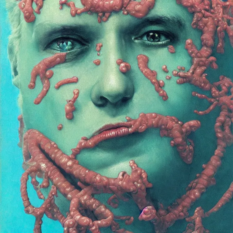 Image similar to Hyperrealistic intensely colored close up studio Photograph portrait of a deep sea bioluminescent Ted Cruz, symmetrical face realistic proportions eye contact golden eyes, Smiling in a coral reef underwater, award-winning portrait oil painting by Norman Rockwell and Zdzisław Beksiński vivid colors high contrast hyperrealism 8k