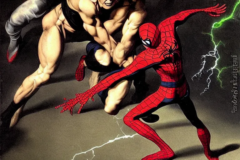 Image similar to spider man is fighting green goblin, in style of Caravaggio, dramatic lightning,