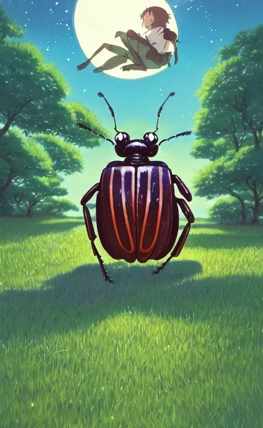 Prompt: a cute beetle card from 1 9 5 0, illustration, clear sky background, lush landscape, concept art, anime key visual, trending pixiv fanbox, by wlop and greg rutkowski and makoto shinkai and studio ghibli and kyoto animation and ken sugimori, symmetrical facial features, scarab pet companion, box art