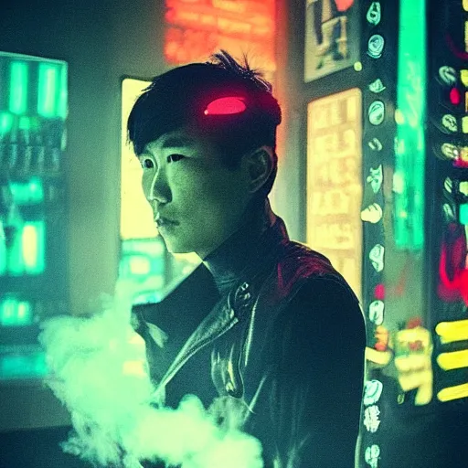 Prompt: “portrait of Victor Tsoy, cyberpunk warrior, smoking, dark vibe, impressive colors”