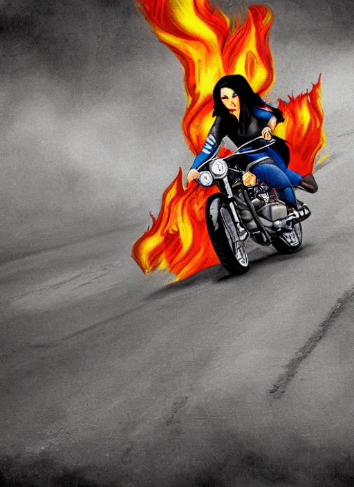 Prompt: a biker chick riding a hotrod muscle car down a street made of fire, digital painting masterpiece, by rockinjellybean