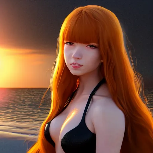 Image similar to black widow as a render of a very beautiful 3d anime girl, long hair, hazel eyes, cute freckles, full round face, short smile, cute sundress, golden hour, serene beach setting, medium shot, mid-shot, highly detailed, trending on Artstation, Unreal Engine 4k