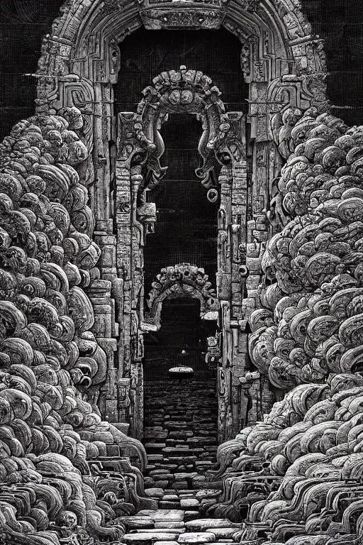 Image similar to intricate artwork masterpiece hellscape ancient temple doors, by nicolas delort, zdizslaw beksinski, victo ngai, josan gonzalez, kilian eng, ominous, dramatic horror cinematic lighting, volumetric 8 k