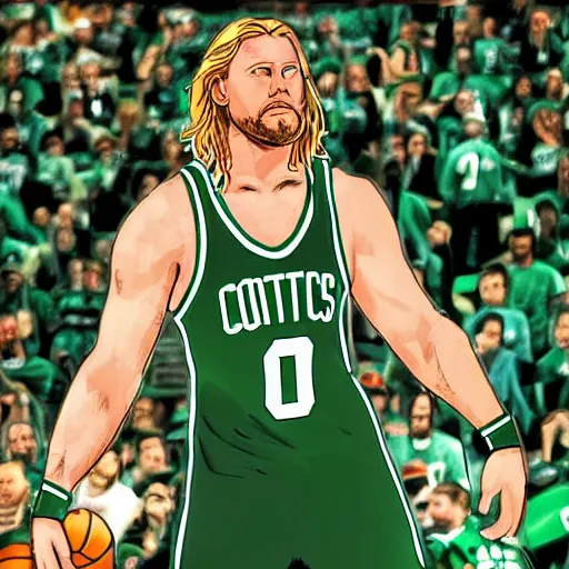 Prompt: Thor watching the Celtics courtside, digital art, holding his hammer