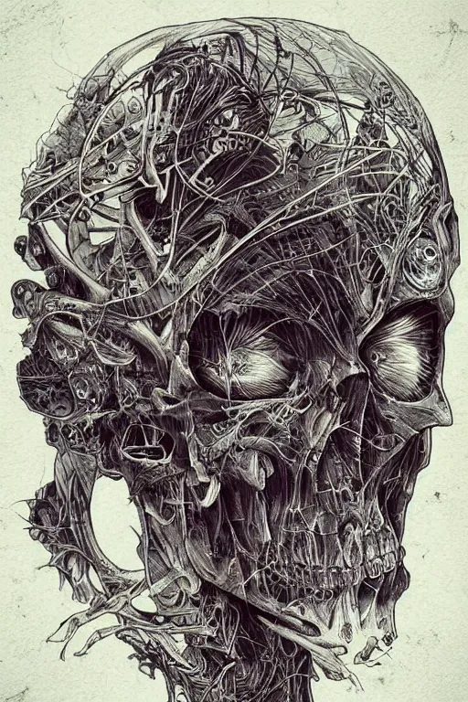 Image similar to ' there are bugs in my skin, android jones, bugs, dark atmosphere, skull, morbid, detailed linework, malice, psychedelic, coherent, clean, artistic