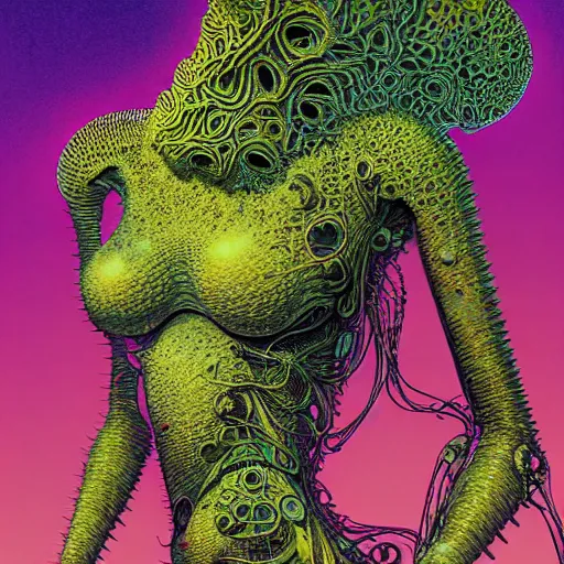 Image similar to sleek highly evolved biomechanical nubile phyrexian dreadnought pregnant borg queen hybrid dotted with small fractal lichens and fungal growth being possessed by the machine spirit, artists mœbius and philippe caza with beryl cook and jack kirby, high contrast cinematic light, mystical shadows, sharp focus, octane render