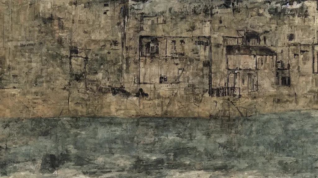 Image similar to a chinese prison near a river by peter doig, muted colors