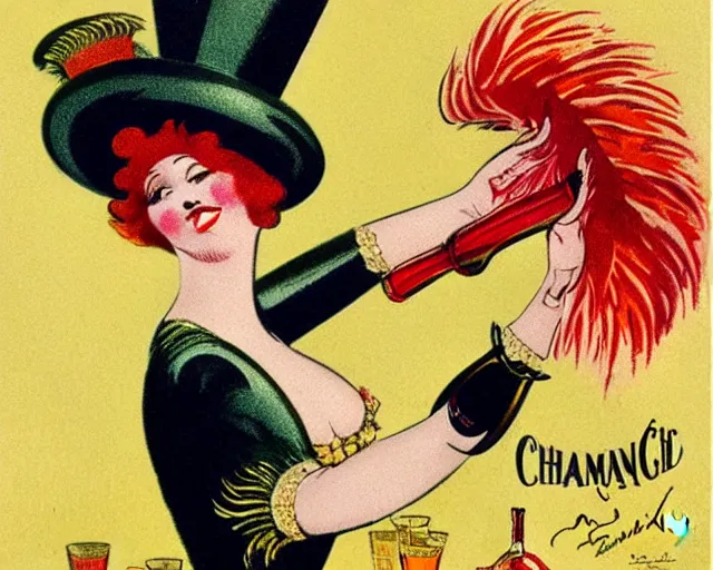 Image similar to vintage, melchizedek champagne bottle. cancan. cheerful, belle epoque, leonetto cappiello, pur champagne damery, 1 9 0 2. feather hat