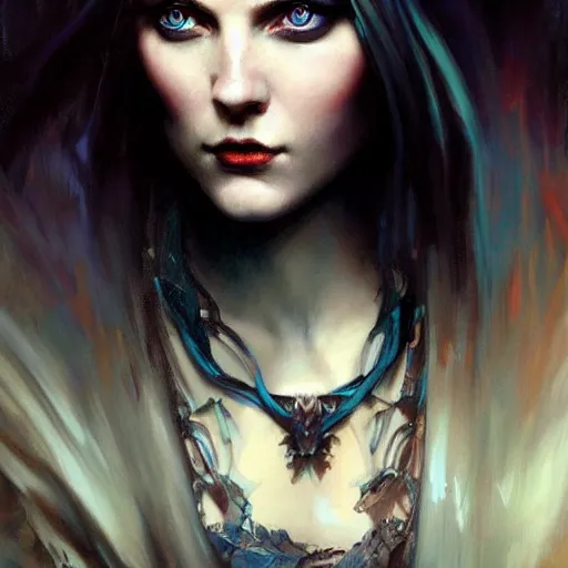 Image similar to dark goth queen with blue eyes, dark fantasy, hyperrealistic portrait, art of elysium by jeremy mann and alphonse mucha, fantasy art, photo realistic, dynamic lighting, dark, goth, artstation, ginger hair, volumetric lighting, very detailed face, 4 k, award winning