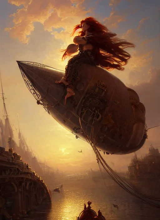 Image similar to portrait painting of a handsome rugged long hair crimson hair male pirate, top half portrait soft hair steampunk ornate zeppelin blimp airship in the background sky sunset golden hour art by raphael lacoste and stephan martiniere greg rutkowski gaston bussiere fantasy soft hair trending on artstation deviantart book cover art dramatic volumetric lighting, 4 k, award winning