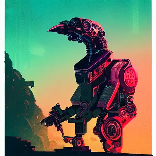 Image similar to “robotic raven. Full body image wearing metal body armor. Cozy lighting, in the style of Far Cry: Blood Dragon. Art by Simon stålenhag. Photo on top of all time”