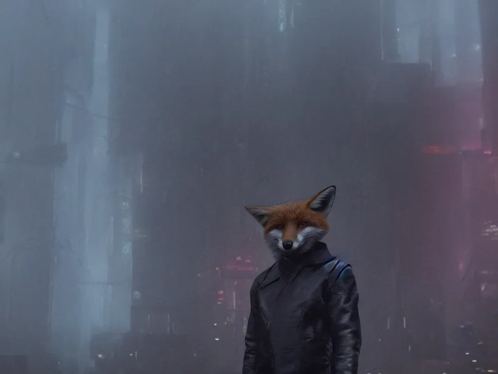 Image similar to anthro fox furry in Blade Runner: 2049, wearing a leather uniform, city streets, fursona, anthropomorphic, furry fandom, film still