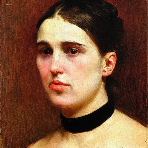 Prompt: frontal portrait of a woman with a choker and black makeup, by thomas eakins