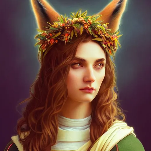 Image similar to laurel wreath on a head of fluffy caracal, photography of kurzgesagt, no people, deep focus, d & d, intricate, elegant, highly detailed, digital painting, artstation, concept art, matte, sharp focus, illustration, hearthstone, art by artgerm and greg rutkowski and alphonse mucha