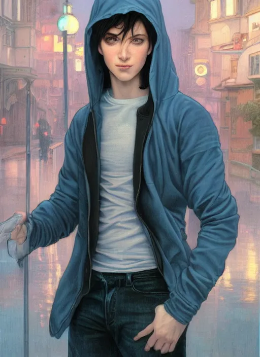 Image similar to handsome young man with short black hair, glowing light blue eyes, pale skin, wearing jeans and a black hoodie, detailed night time cityscape background, realistic painting by ross tran and gerald brom and alphonse mucha, ilya kuvshinov, svetlana tigai, artgerm, trending on artstation