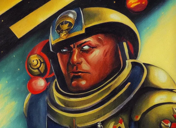 Prompt: Art Deco painting portrait of space-marine high detail warhammer 40k
